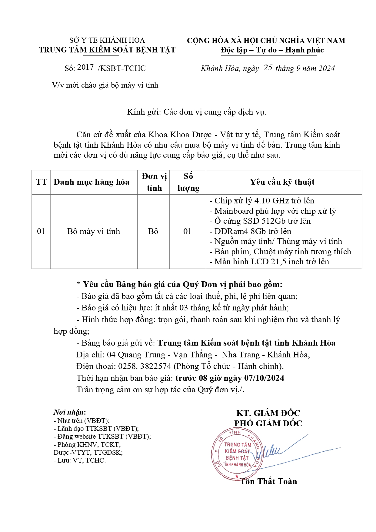 V/v mời chào giá bộ máy vi tính